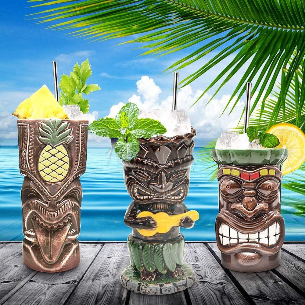 Suprobarware Tiki Mugs Set of 4– Ceramic Hawaiian Party Mugs Large Drinkware, Ti