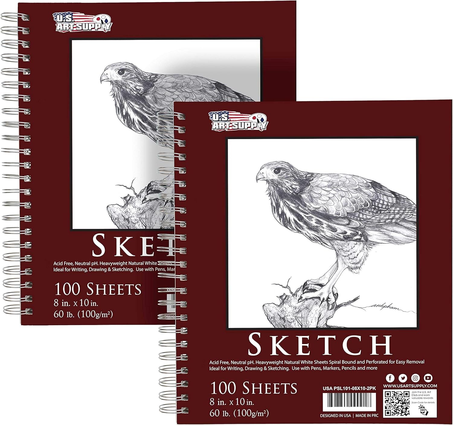 8" X 10" Sketch Book Pad, Pack of 2, 100 Sheets Each, 60Lb (100Gsm) - Spiral Bound Artist Sketching Drawing Paper Pad, Acid-Free - Graphite Colored Pencils, Charcoal - Adults, Students