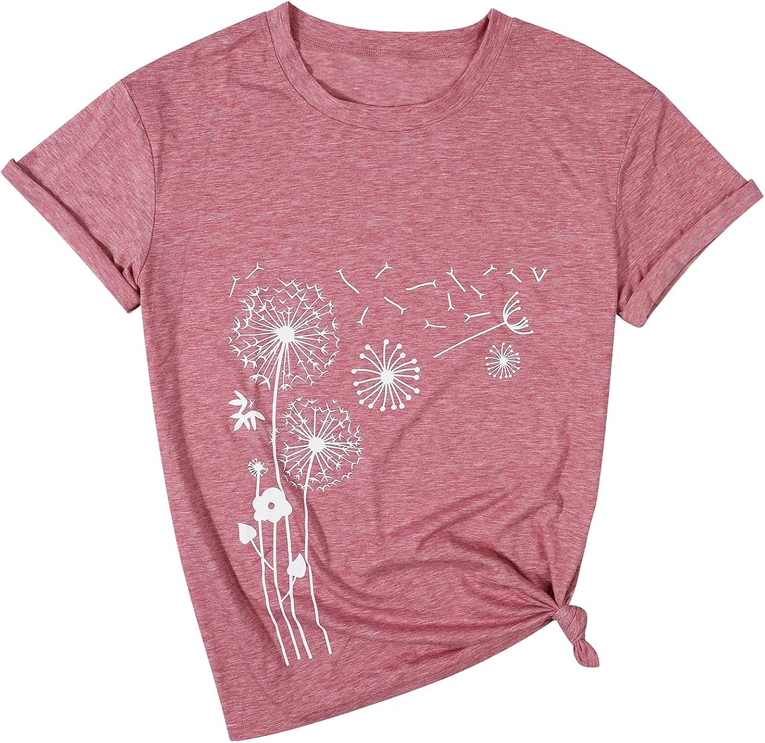 Dandelion Shirt Women Faith Graphic Shirts Make a Wish Vintage Tee Wildflower Short Sleeve Tops（Pink, Large