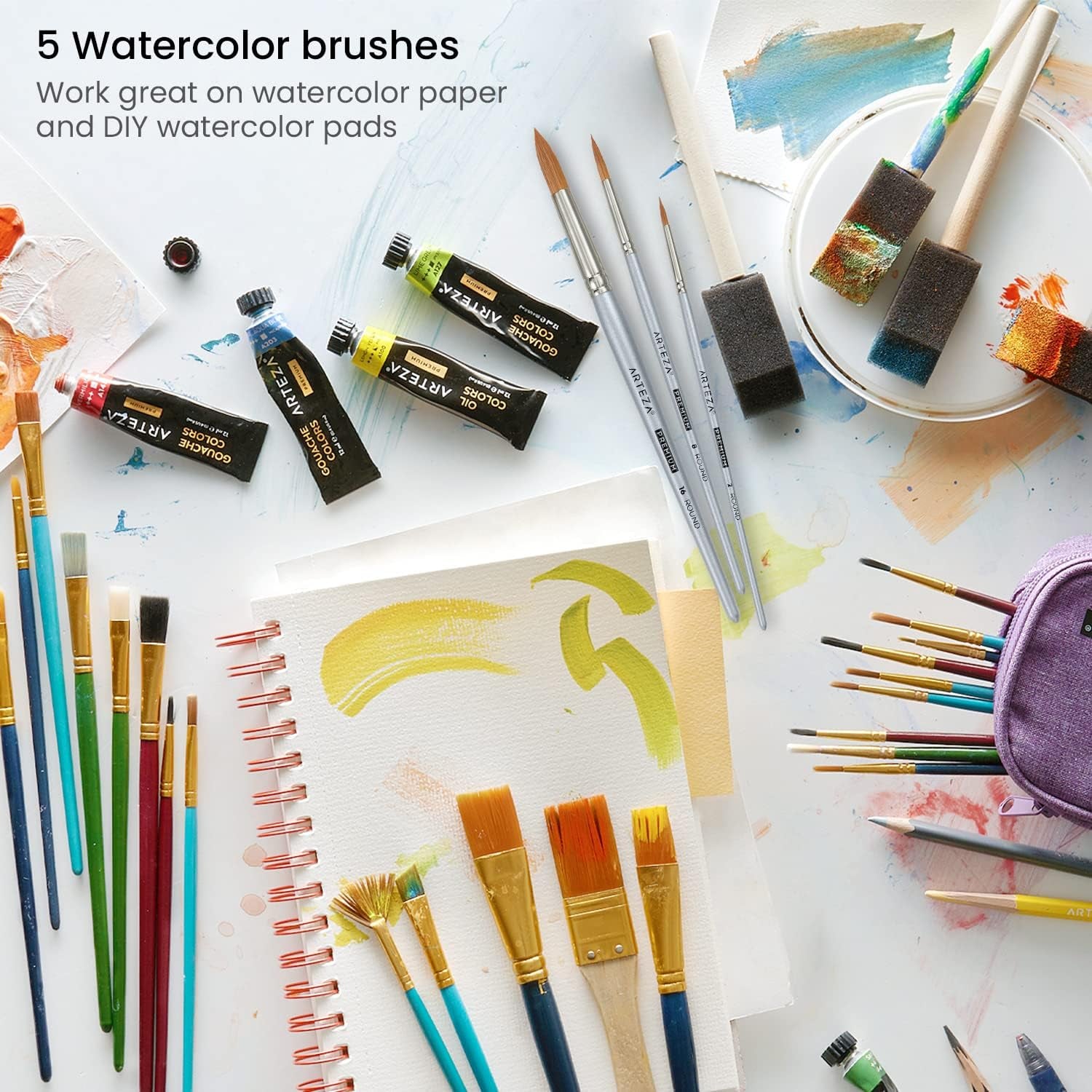 Watercolor Paint Brushes, Set of 5, round Synthetic Soft-Bristle Brushes