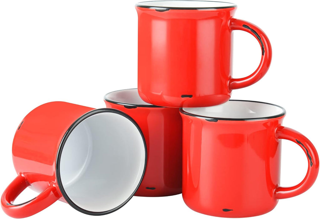 15Oz Red Campfire Ceramic Mugs Set of 4 for Coffee Tea Old Design