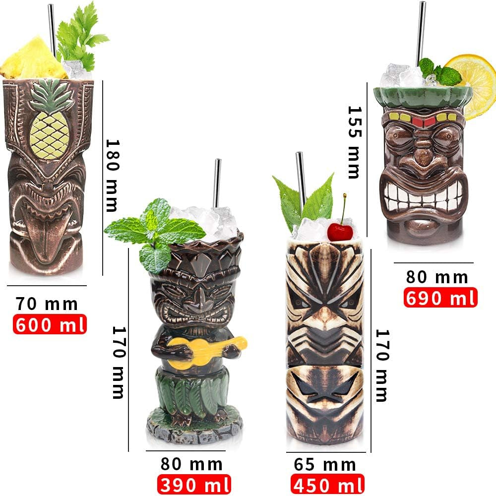 Suprobarware Tiki Mugs Set of 4– Ceramic Hawaiian Party Mugs Large Drinkware, Ti
