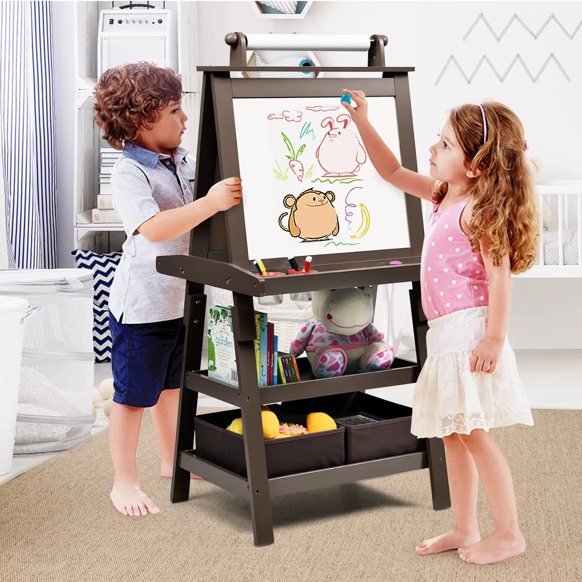 3 in 1 Double-Sided Storage Art Easel W/ Paint Cups for Toddlers Writing Coffee