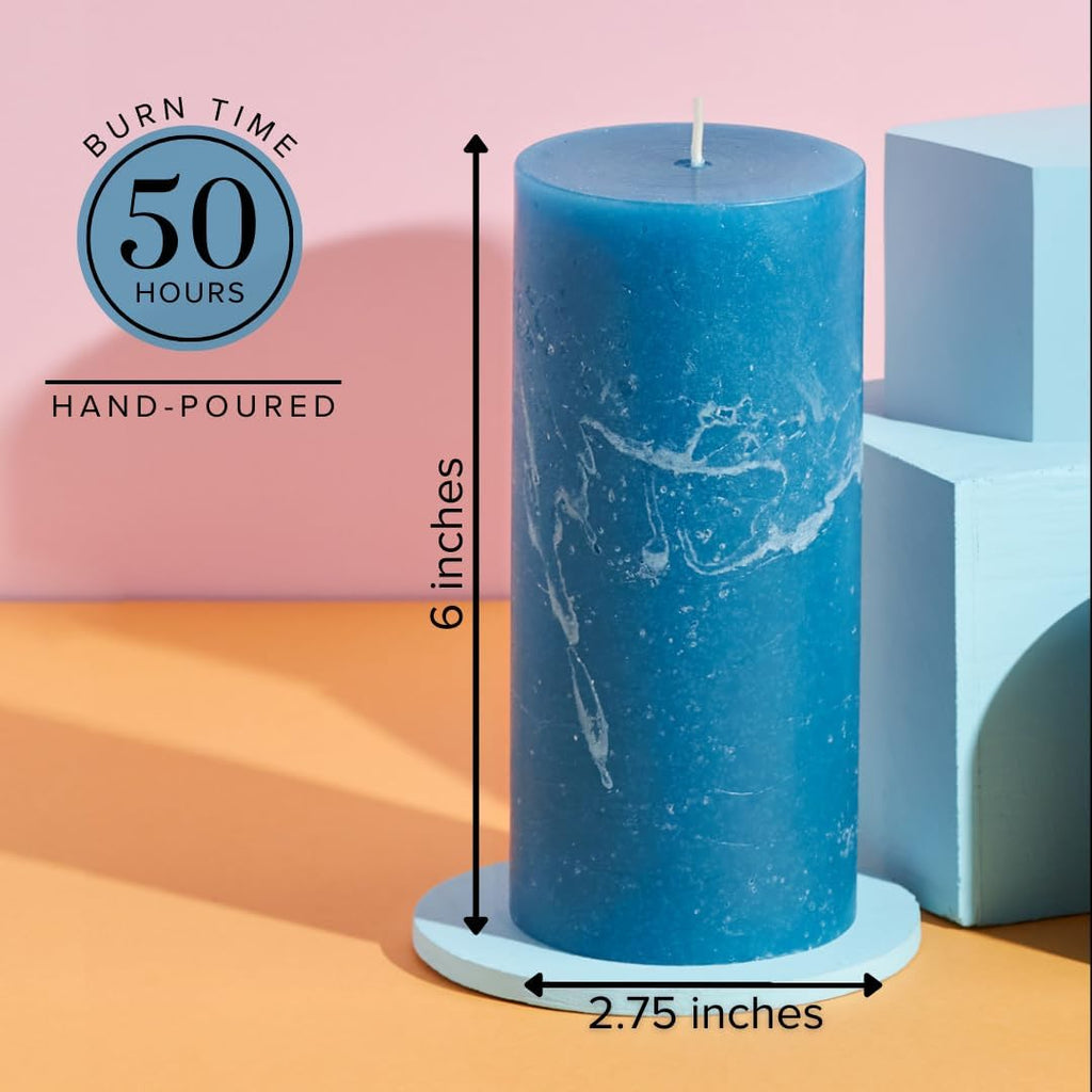 3X6 Inch Steel Blue Pillar Candles Set of 3, Rustic Texture, Unscented Blue Candles, Dripless Candles, 3 Inch Pillar Candles Ideal as Wedding, Parties, Spas Dinner Home Decoration Church