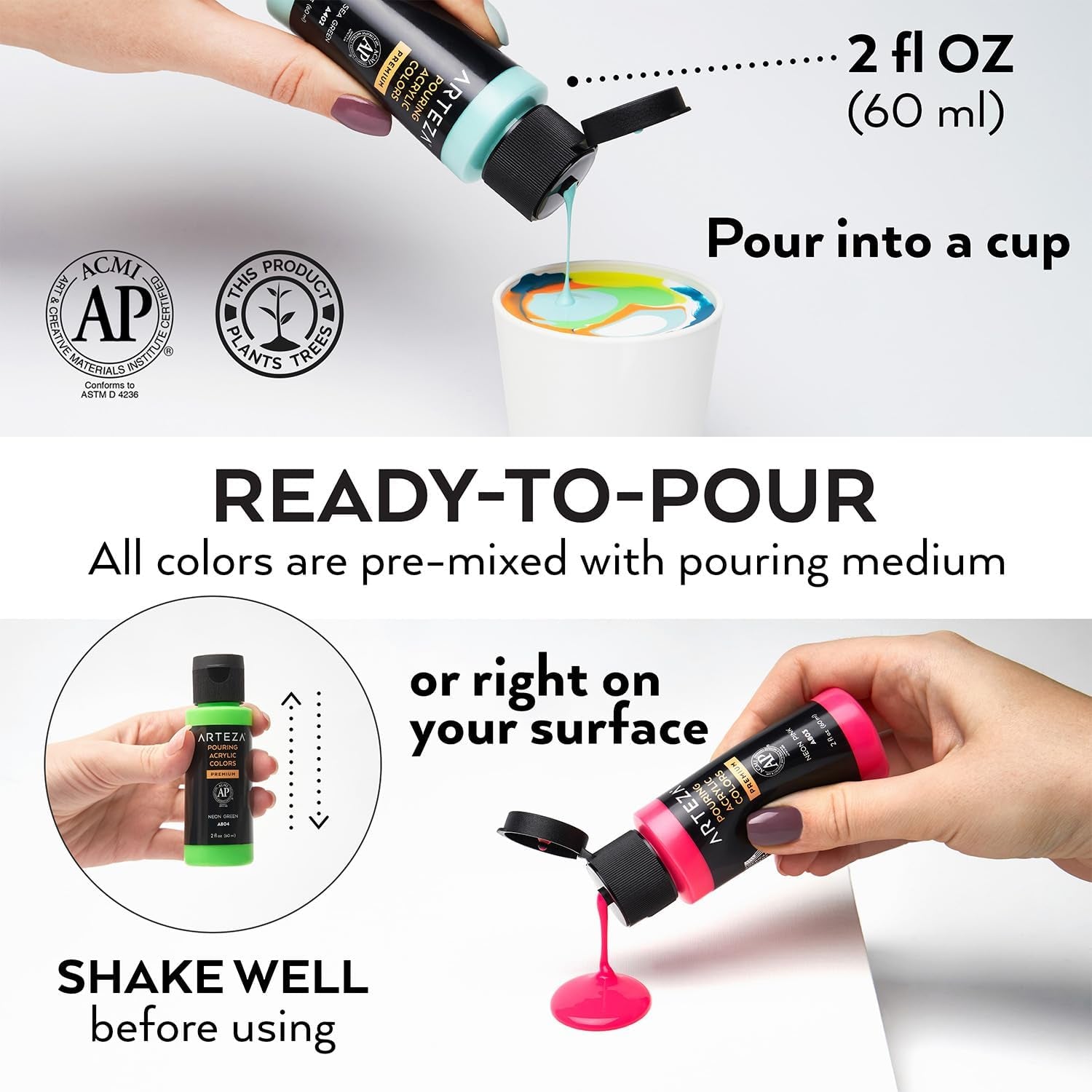 Acrylic Pouring Paint, 2Oz (60 Ml), Silver High Flow Acrylic Paint, No Mixing Needed, Paint for Pouring on Canvas, Glass, Paper, Wood, Tile, and Stones