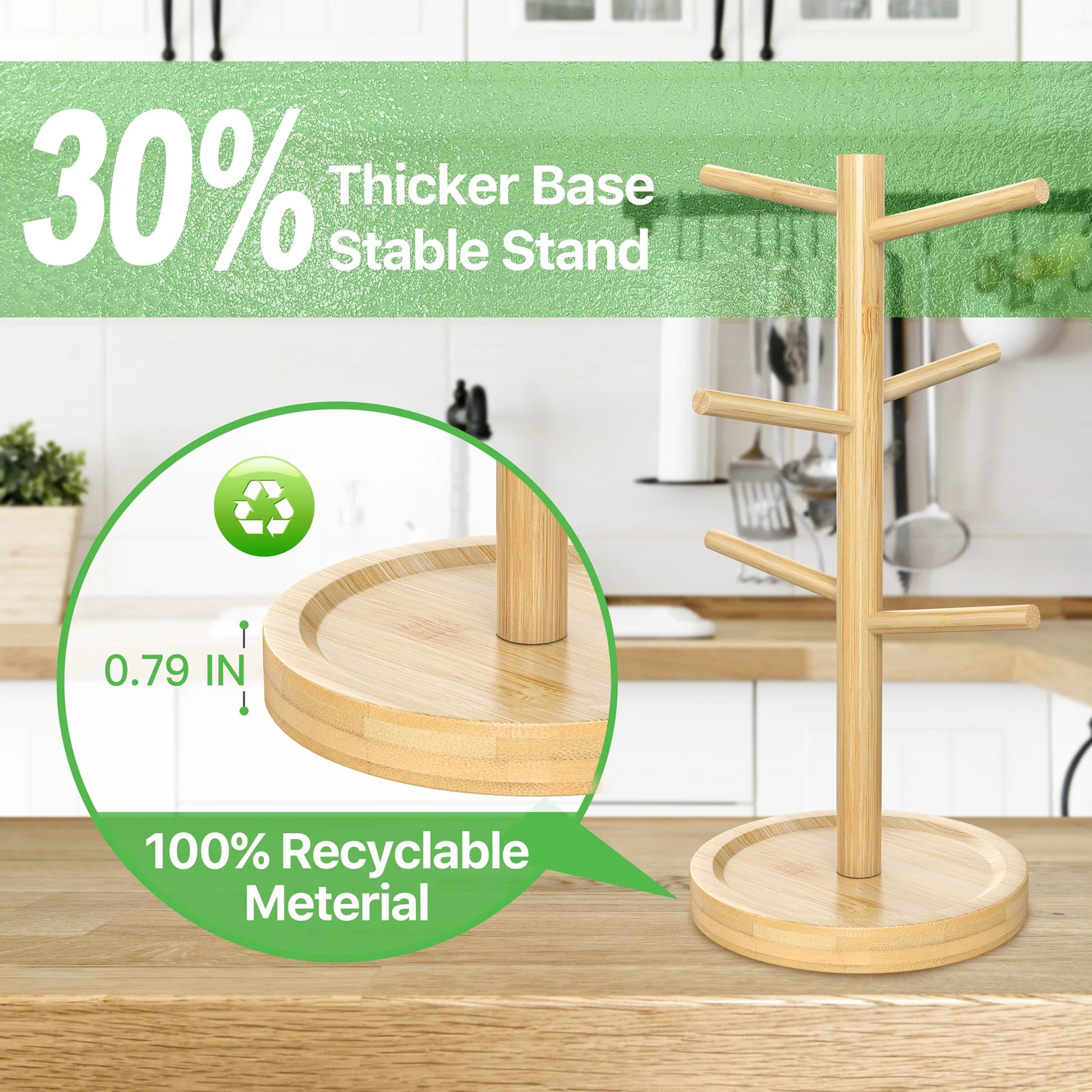 Coffee Mug Holder, Bamboo Mug Tree with Thicker Base Coffee Cup Mug Stand for Counter, Mug Rack with 6 Hooks
