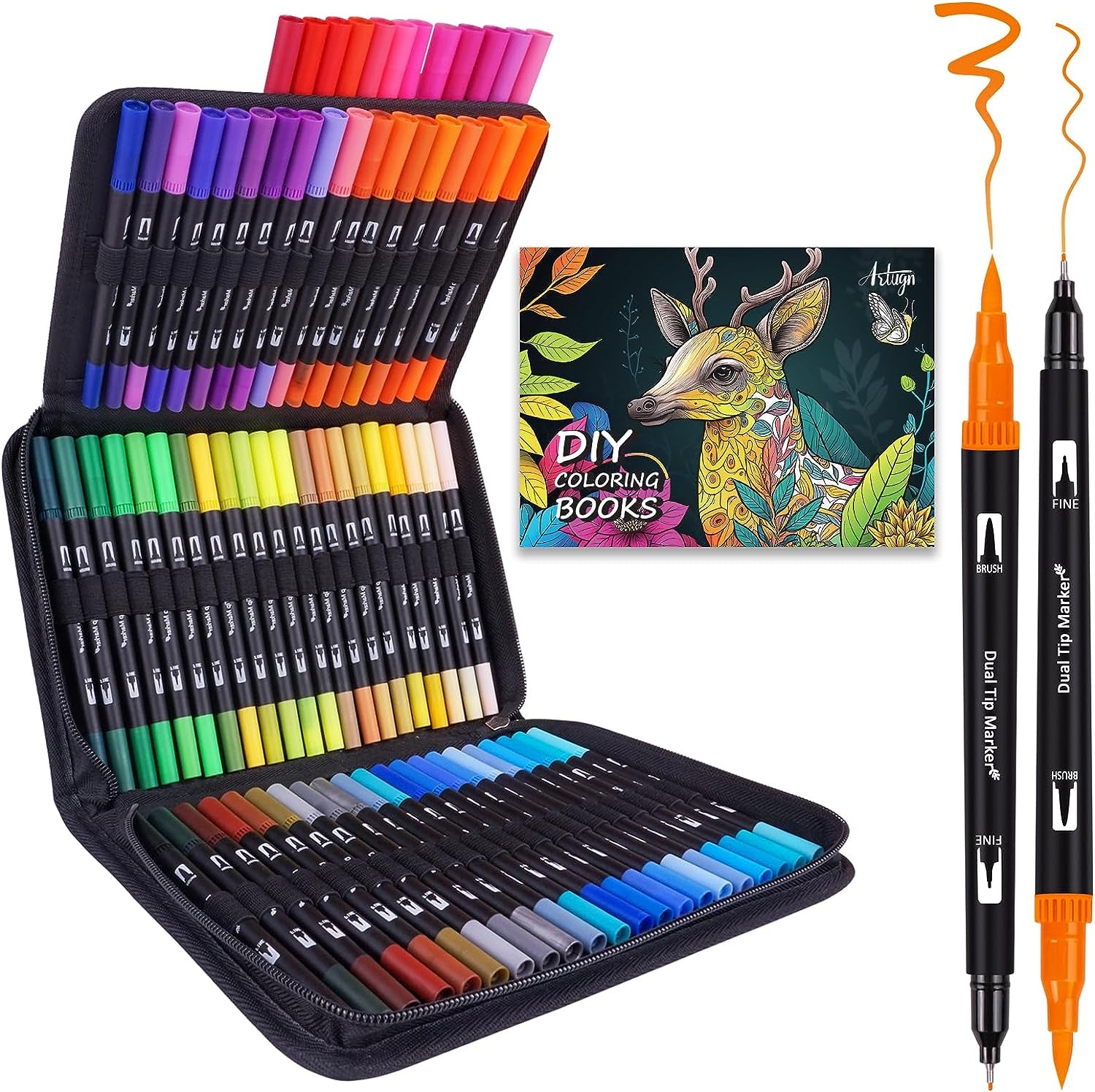 Dual Brush Marker Pens Set, 72 Colors Fine and Brush Tip Art Supplies