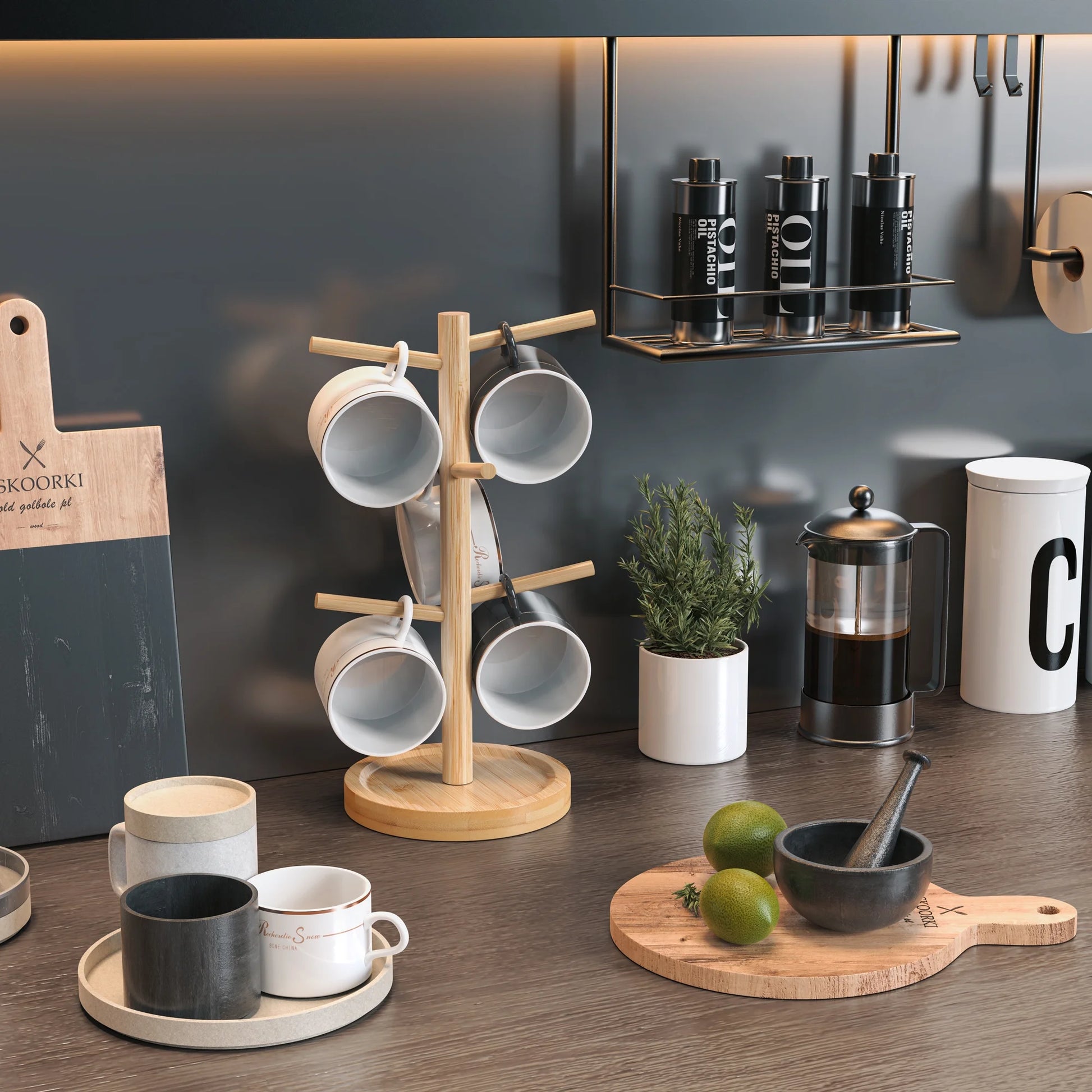 Coffee Mug Holder, Bamboo Mug Tree with Thicker Base Coffee Cup Mug Stand for Counter, Mug Rack with 6 Hooks