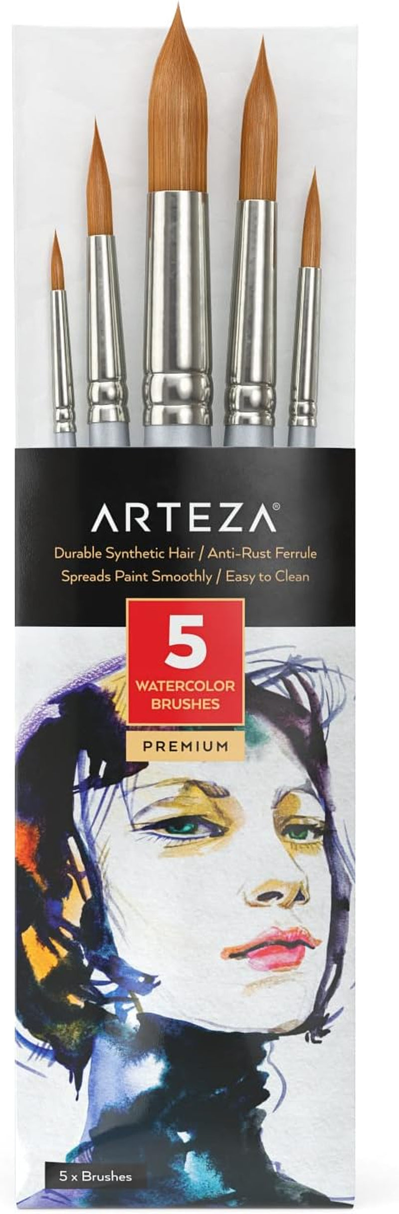 Watercolor Paint Brushes, Set of 5, round Synthetic Soft-Bristle Brushes