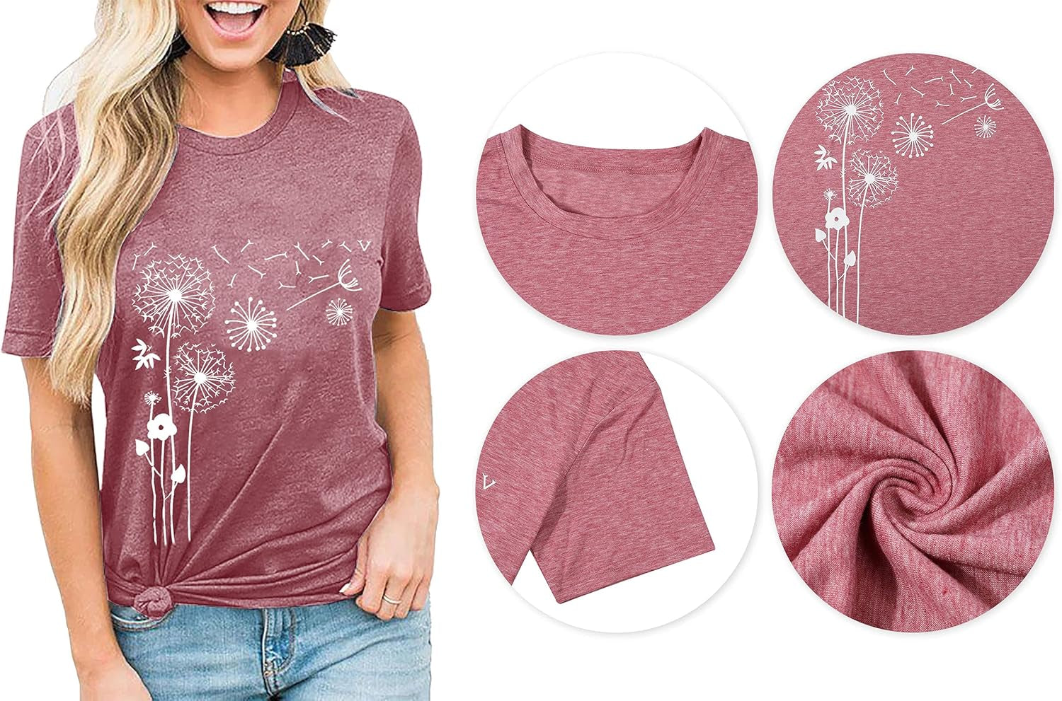 Dandelion Shirt Women Faith Graphic Shirts Make a Wish Vintage Tee Wildflower Short Sleeve Tops（Pink, Large