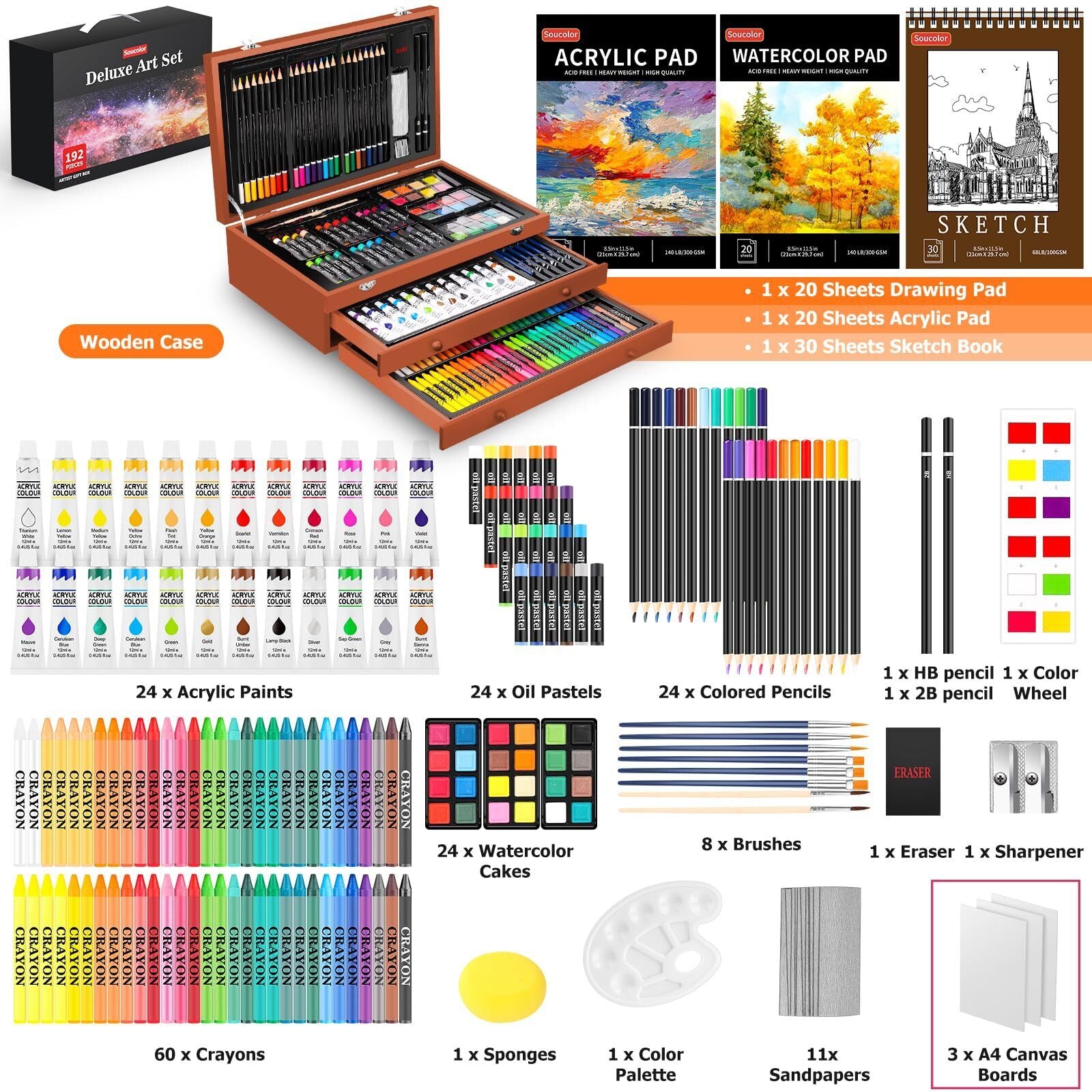 Art Supplies 192-Pack Deluxe Art Set Drawing Painting Supplies Art Kit With