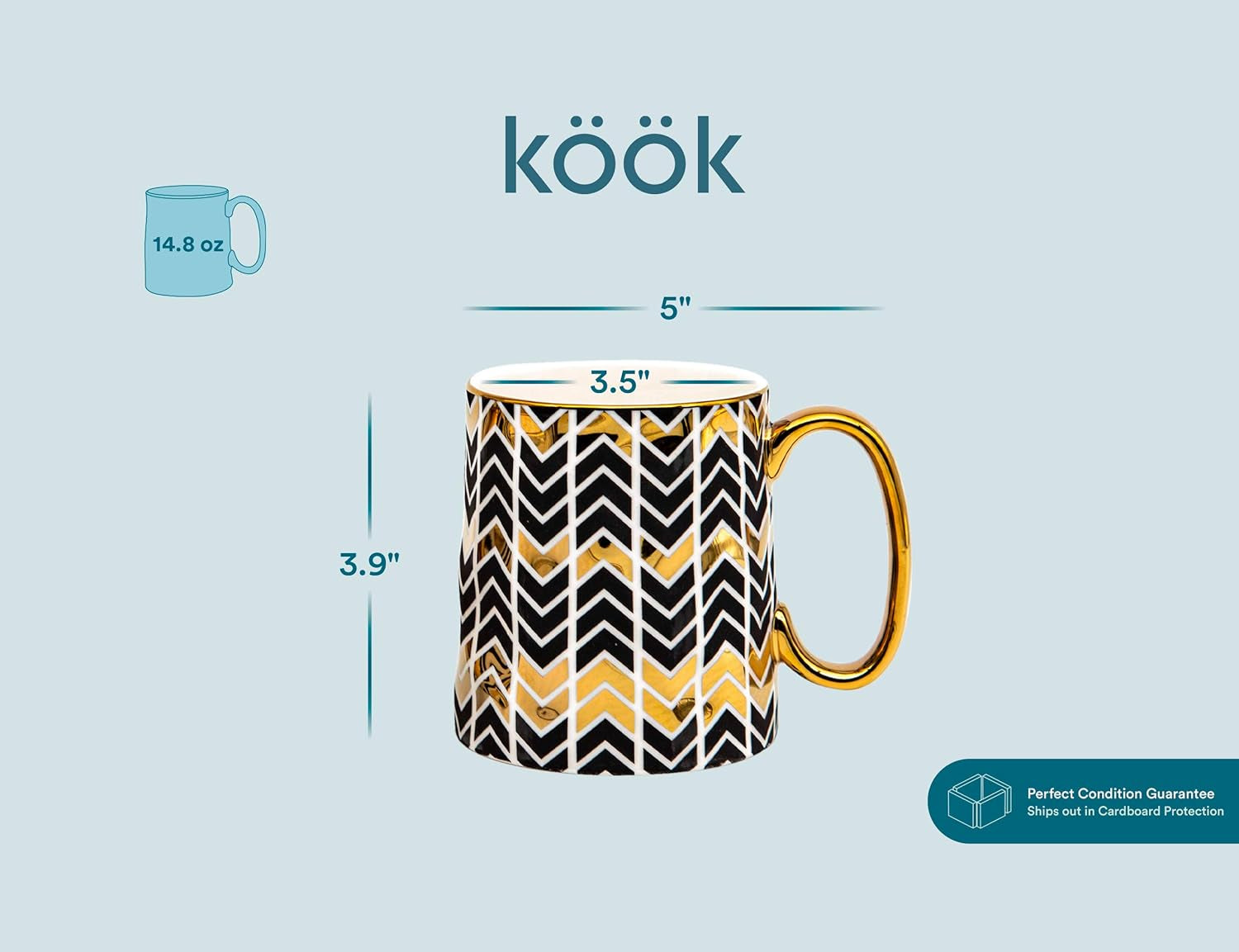 Gold Coffee Mugs, Coffee Mug Set, Coffee Cup, Tea Cups, Porcelian, Geometric Design, Tea Cups with Handels, 14.8 Oz, Black and Gold, Set of 2
