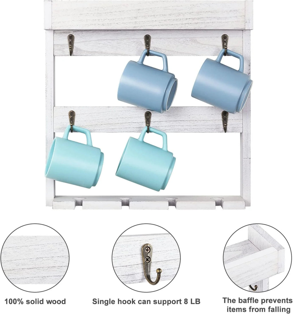 Wall Mounted Wine Glass and Coffee Mug Storage Rack Shelf with 6 Metal Hooks, Gray White