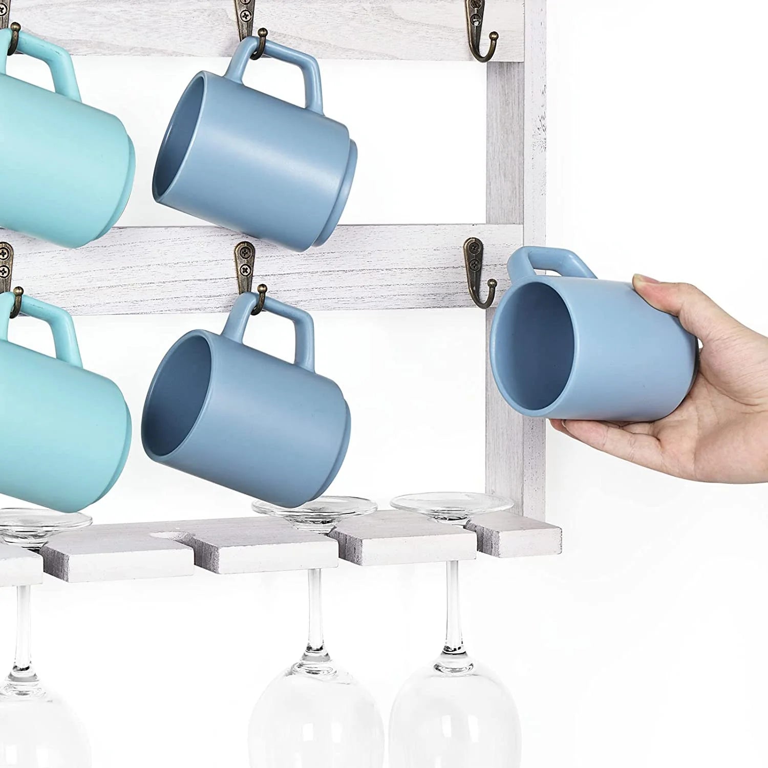 Wall Mounted Wine Glass and Coffee Mug Storage Rack Shelf with 6 Metal Hooks, Gray White