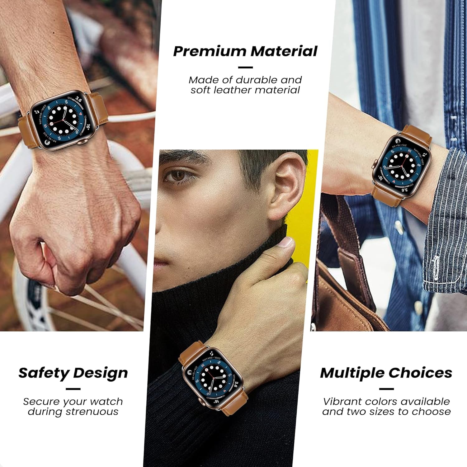 Compatible with Apple Watch Band 45Mm 44Mm 42Mm for Iwatch Bands Series 7, 6 5 4 3 2 1 SE, Genuine Leather Band Replacement Strap Wristband for Men (Brown)