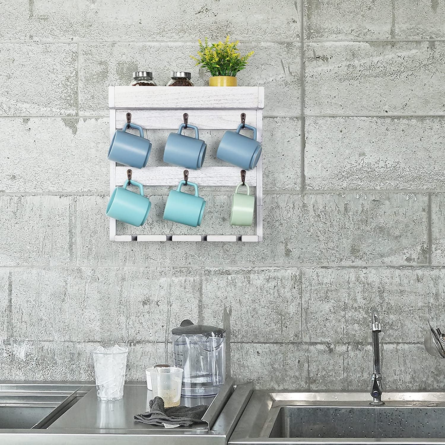 Wall Mounted Wine Glass and Coffee Mug Storage Rack Shelf with 6 Metal Hooks, Gray White