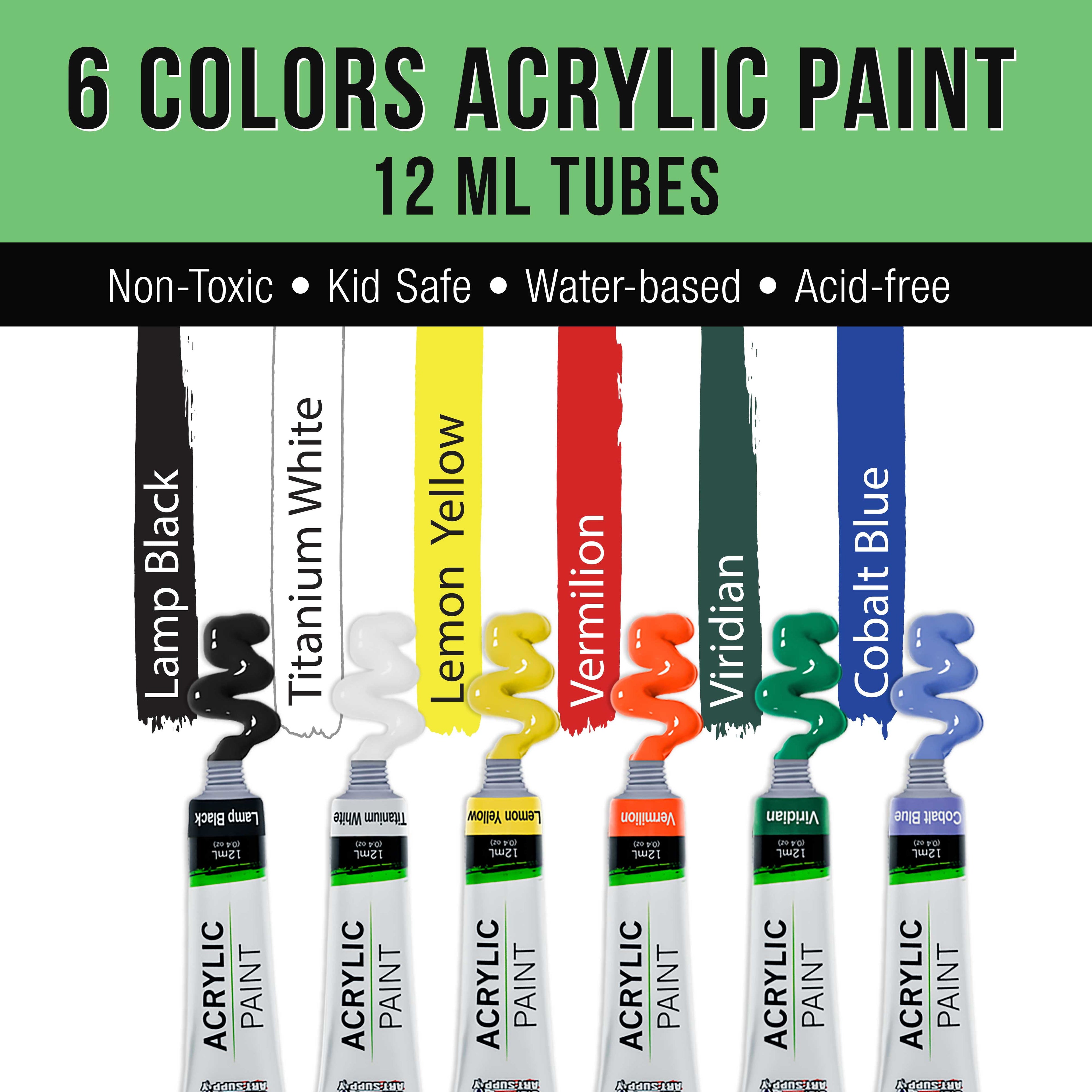 Artist Painting Set with 6 Vivid Acrylic Paint Colors, Wood Painting Palette, 3 Brushes - Basic Artwork Project Essentials - Fun Children, Kids, School, Students, Beginners Starter Kit