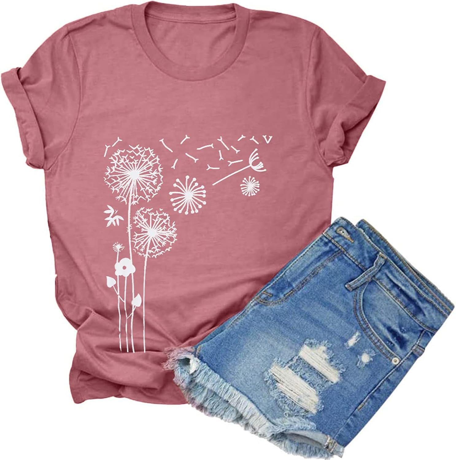 Dandelion Shirt Women Faith Graphic Shirts Make a Wish Vintage Tee Wildflower Short Sleeve Tops（Pink, Large