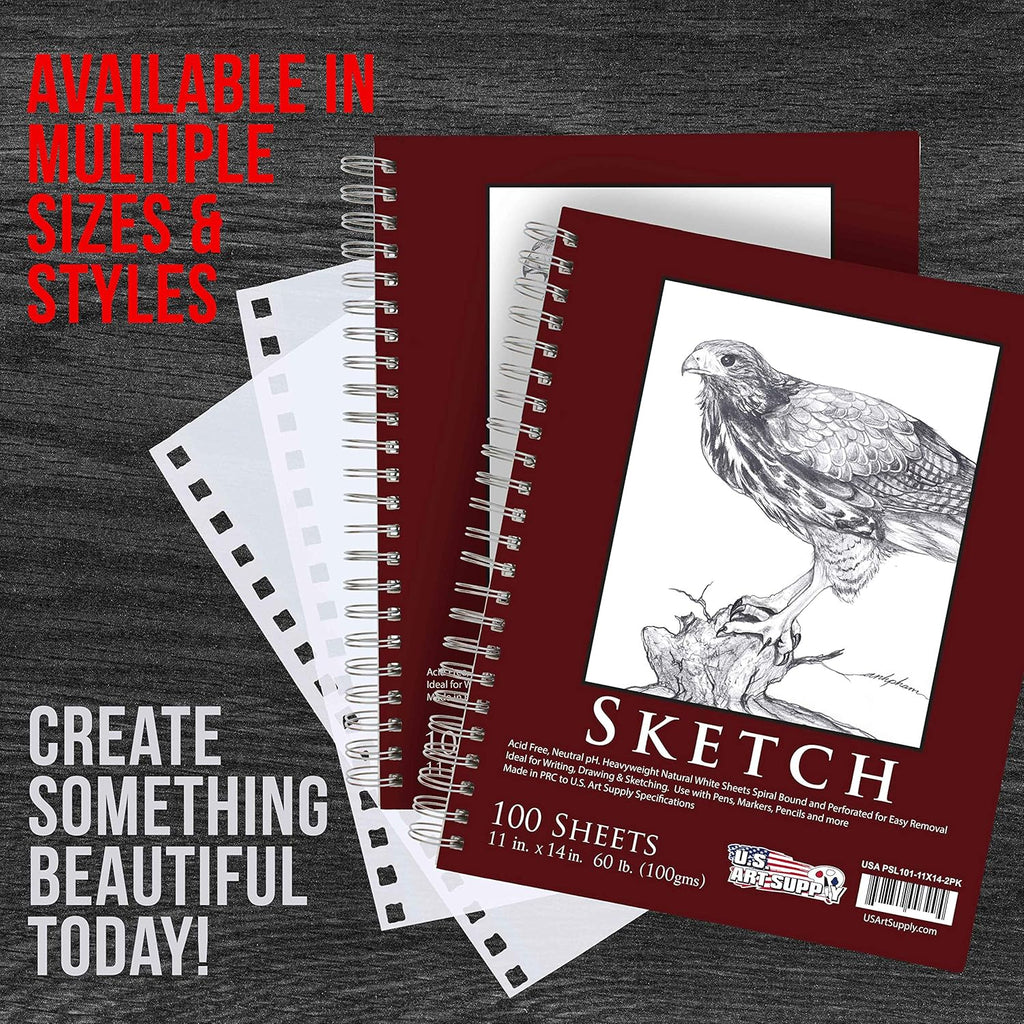11" X 14" Sketch Book Pad, Pack of 2, 100 Sheets Each, 60Lb (100Gsm) - Spiral Bound Artist Sketching Drawing Paper Pad, Acid-Free - Graphite Colored Pencils, Charcoal - Adults Students
