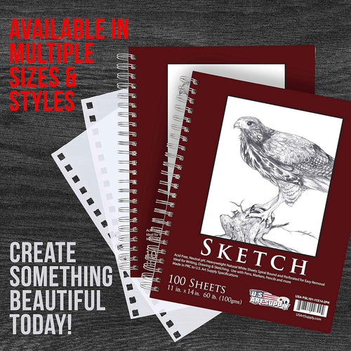 11" X 14" Sketch Book Pad, Pack of 2, 100 Sheets Each, 60Lb (100Gsm) - Spiral Bound Artist Sketching Drawing Paper Pad, Acid-Free - Graphite Colored Pencils, Charcoal - Adults Students