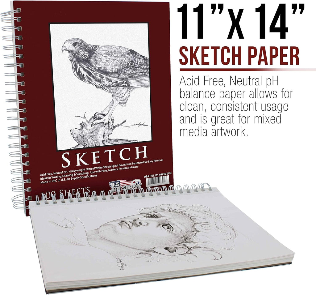11" X 14" Sketch Book Pad, Pack of 2, 100 Sheets Each, 60Lb (100Gsm) - Spiral Bound Artist Sketching Drawing Paper Pad, Acid-Free - Graphite Colored Pencils, Charcoal - Adults Students