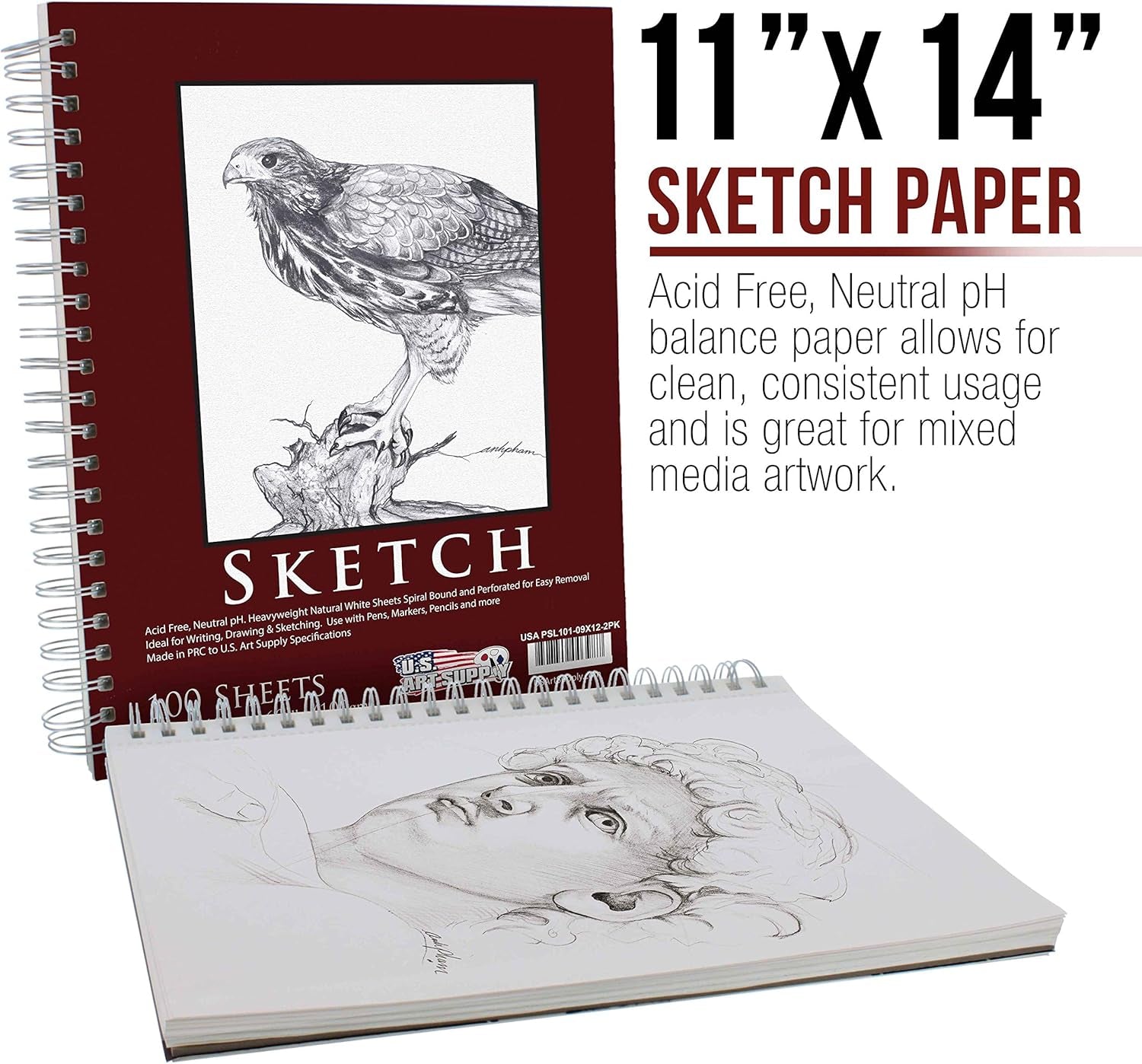 11" X 14" Sketch Book Pad, Pack of 2, 100 Sheets Each, 60Lb (100Gsm) - Spiral Bound Artist Sketching Drawing Paper Pad, Acid-Free - Graphite Colored Pencils, Charcoal - Adults Students