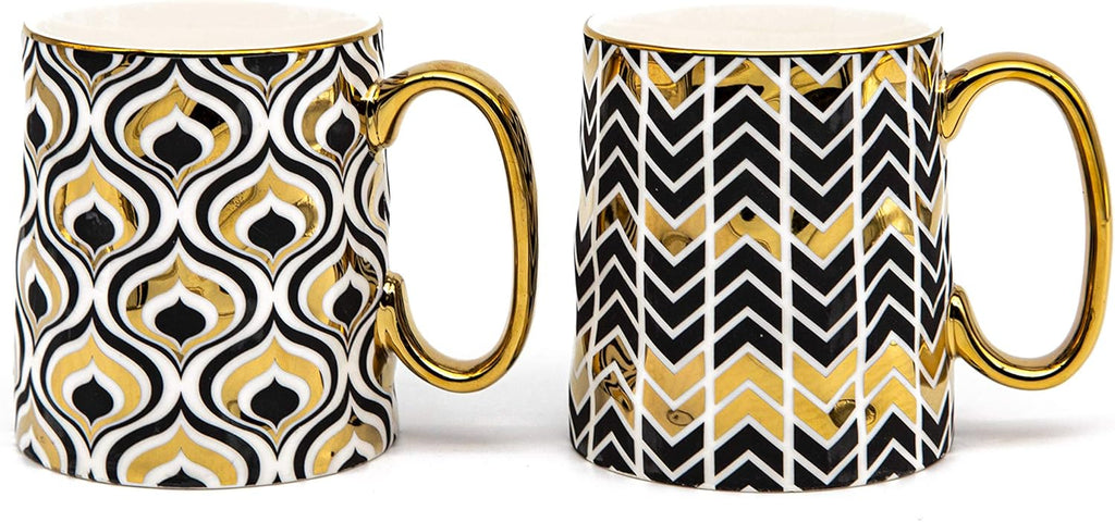 Gold Coffee Mugs, Coffee Mug Set, Coffee Cup, Tea Cups, Porcelian, Geometric Design, Tea Cups with Handels, 14.8 Oz, Black and Gold, Set of 2