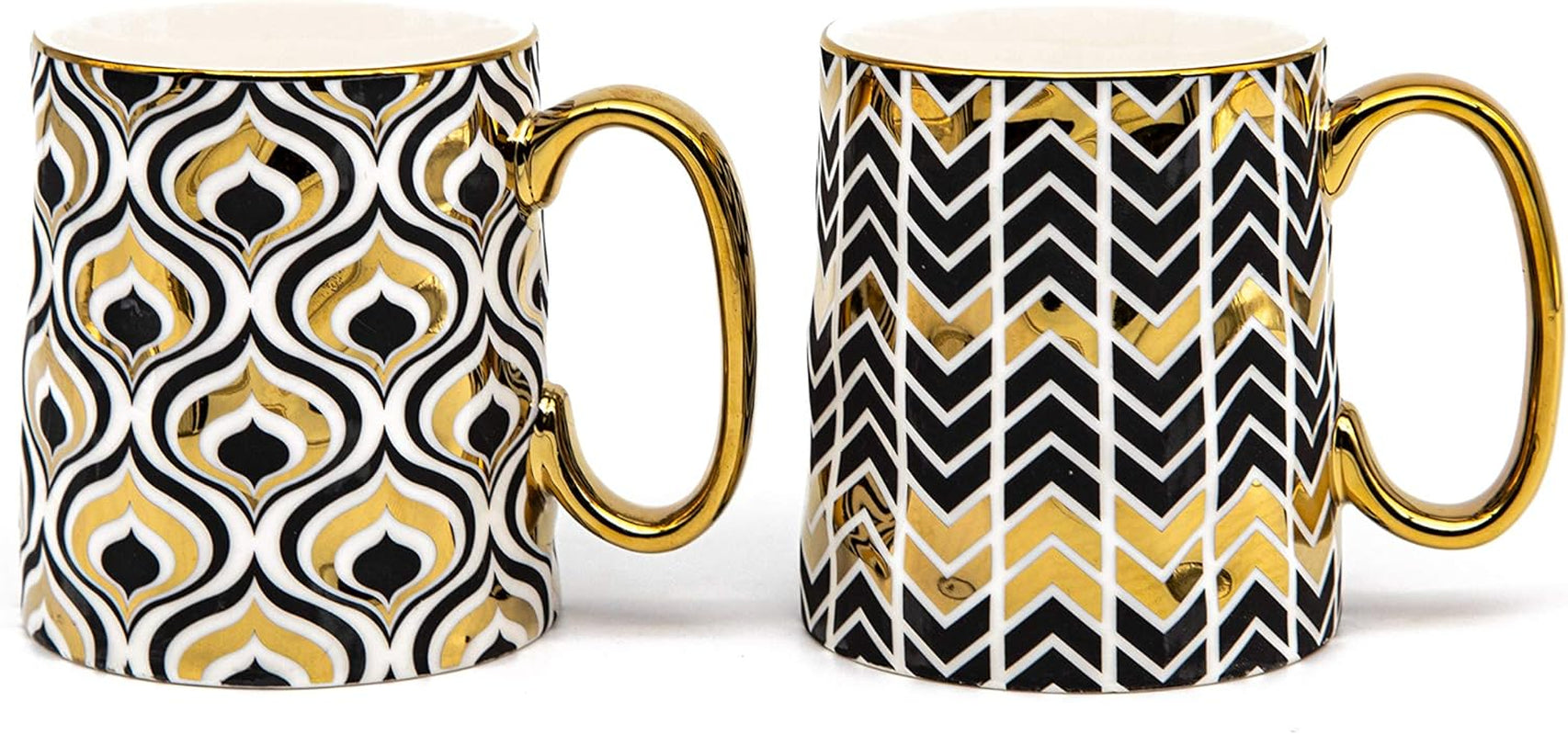 Gold Coffee Mugs, Coffee Mug Set, Coffee Cup, Tea Cups, Porcelian, Geometric Design, Tea Cups with Handels, 14.8 Oz, Black and Gold, Set of 2